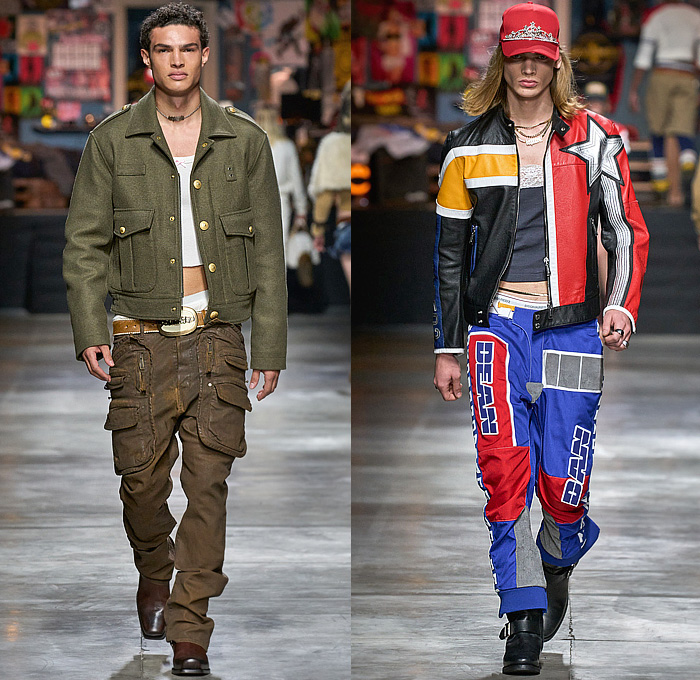 Dsquared2 2023-2024 Fall Autumn Winter Mens Runway Looks - Milano Moda Uomo Milan Fashion Week - Temptation Rock n' Roll Shirt Studs Crystals Destroyed Denim Jeans Stars Western Fringes Crop Top Midriff Patchwork Open Fly Musical Notes Deer Paisley Quilted Puffer Vest Shorts Knit Chaps Fur Shearling Tank Top Plaid Check Flowers Floral Flannel Joggers Sweatpants Patches Snakeskin Military Cargo Pants Motorcycle Biker Jacket Tights Leggings Parka Coat Bag Cowboy Boots Trucker Hat