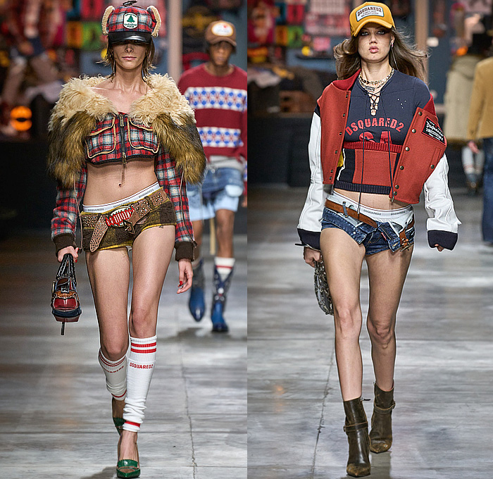 Dsquared2 2023-2024 Fall Autumn Winter Womens Runway Looks - Milano Moda Uomo Milan Fashion Week - Temptation Crop Top Midriff Bralette Fur Shearling Ushanka Hat Plaid Check Flannel Pockets Wide Belt Briefs Micro Shorts Sport Socks Knit Corset Bomber Jacket Trucker Hat Boots Knit Pellegrina Lace Heart Bag One Shoulder Blouse Crystals Stars Denim Jeans Strapless Mini Dress Destroyed Quilted Puffer Parka Arm Warmers Western Fringes Corduroy Wide Leg Fishnet Mesh 