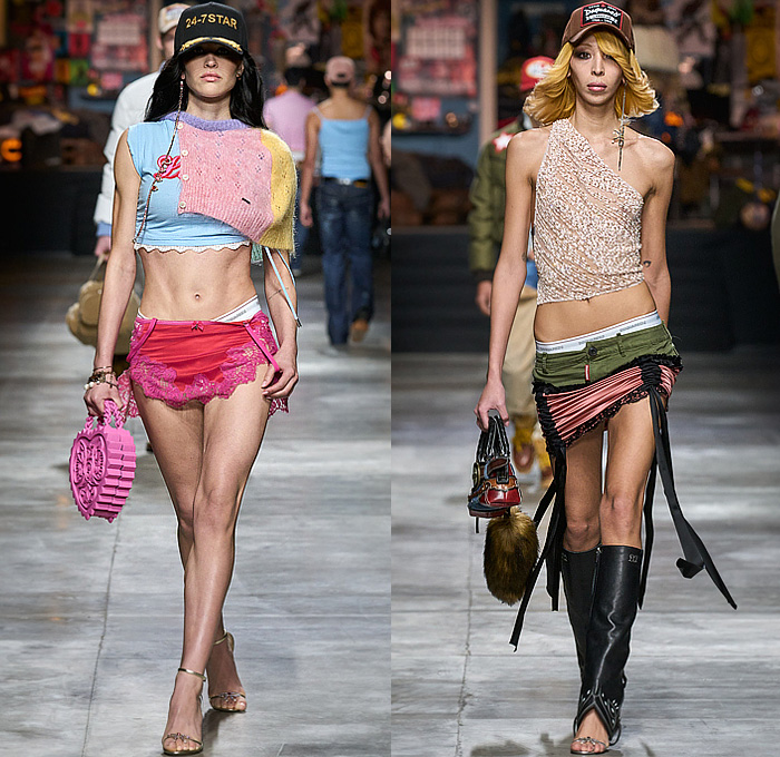 Dsquared2 2023-2024 Fall Autumn Winter Womens Runway Looks - Milano Moda Uomo Milan Fashion Week - Temptation Crop Top Midriff Bralette Fur Shearling Ushanka Hat Plaid Check Flannel Pockets Wide Belt Briefs Micro Shorts Sport Socks Knit Corset Bomber Jacket Trucker Hat Boots Knit Pellegrina Lace Heart Bag One Shoulder Blouse Crystals Stars Denim Jeans Strapless Mini Dress Destroyed Quilted Puffer Parka Arm Warmers Western Fringes Corduroy Wide Leg Fishnet Mesh 