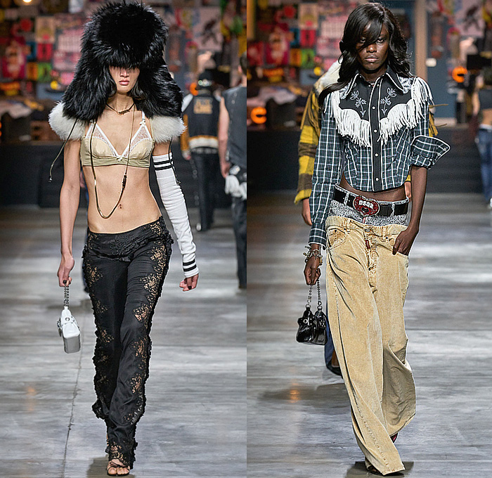 Dsquared2 2023-2024 Fall Autumn Winter Womens Runway Looks - Milano Moda Uomo Milan Fashion Week - Temptation Crop Top Midriff Bralette Fur Shearling Ushanka Hat Plaid Check Flannel Pockets Wide Belt Briefs Micro Shorts Sport Socks Knit Corset Bomber Jacket Trucker Hat Boots Knit Pellegrina Lace Heart Bag One Shoulder Blouse Crystals Stars Denim Jeans Strapless Mini Dress Destroyed Quilted Puffer Parka Arm Warmers Western Fringes Corduroy Wide Leg Fishnet Mesh 