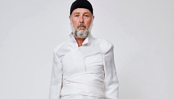 Duckie Brown 2023-2024 Fall Autumn Winter Mens Lookbook Presentation - Navy Satin Draped Waistcoat Tank Top Pink Cap Sleeve Shirt Crepe De Chine White Shirt Canvas Wrap Top Low Crotch Trousers Anagsnsett Apron Twisted Voile Kimono Tux Tuxedo Shirt Taffeta Manskirt Hakama Skirt Anorak Wide Leg Slouchy Clogs Strapped