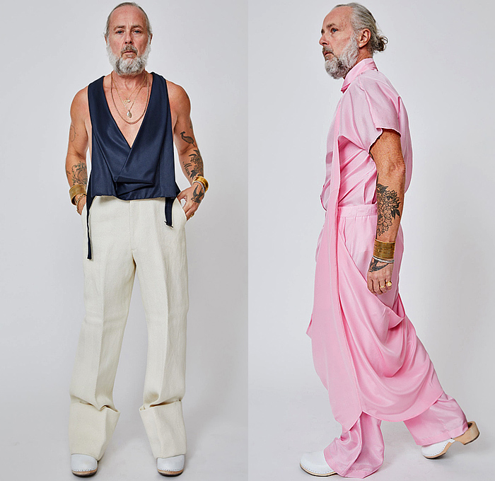 Duckie Brown 2023-2024 Fall Autumn Winter Mens Lookbook Presentation - Navy Satin Draped Waistcoat Tank Top Pink Cap Sleeve Shirt Crepe De Chine White Shirt Canvas Wrap Top Low Crotch Trousers Anagsnsett Apron Twisted Voile Kimono Tux Tuxedo Shirt Taffeta Manskirt Hakama Skirt Anorak Wide Leg Slouchy Clogs Strapped