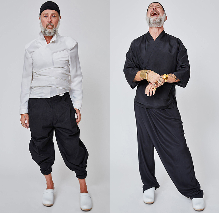 Duckie Brown 2023-2024 Fall Autumn Winter Mens Lookbook Presentation - Navy Satin Draped Waistcoat Tank Top Pink Cap Sleeve Shirt Crepe De Chine White Shirt Canvas Wrap Top Low Crotch Trousers Anagsnsett Apron Twisted Voile Kimono Tux Tuxedo Shirt Taffeta Manskirt Hakama Skirt Anorak Wide Leg Slouchy Clogs Strapped