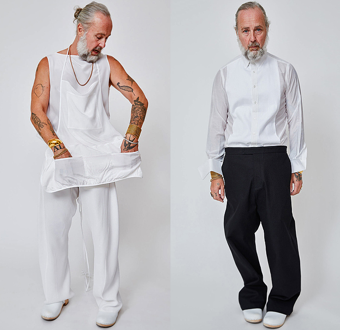 Duckie Brown 2023-2024 Fall Autumn Winter Mens Lookbook Presentation - Navy Satin Draped Waistcoat Tank Top Pink Cap Sleeve Shirt Crepe De Chine White Shirt Canvas Wrap Top Low Crotch Trousers Anagsnsett Apron Twisted Voile Kimono Tux Tuxedo Shirt Taffeta Manskirt Hakama Skirt Anorak Wide Leg Slouchy Clogs Strapped