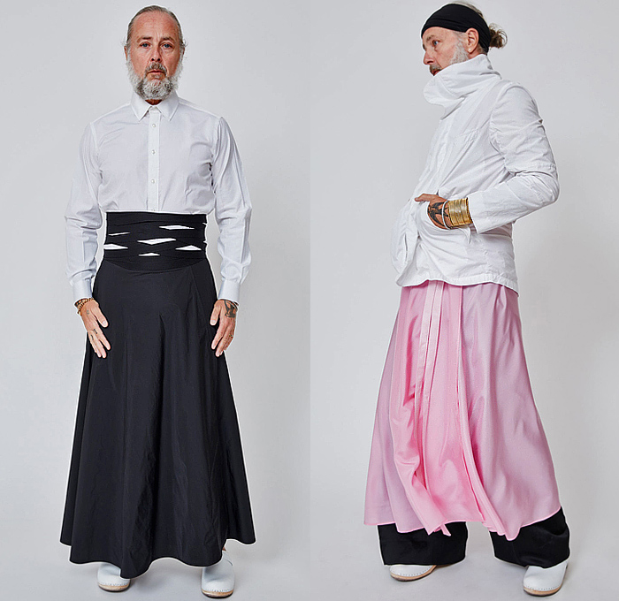 Duckie Brown 2023-2024 Fall Autumn Winter Mens Lookbook Presentation - Navy Satin Draped Waistcoat Tank Top Pink Cap Sleeve Shirt Crepe De Chine White Shirt Canvas Wrap Top Low Crotch Trousers Anagsnsett Apron Twisted Voile Kimono Tux Tuxedo Shirt Taffeta Manskirt Hakama Skirt Anorak Wide Leg Slouchy Clogs Strapped