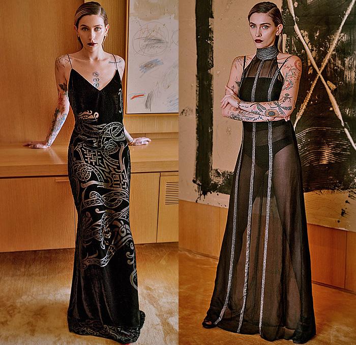 Dundas 2023 Pre-Fall Autumn Womens Lookbook Picks - Paris Jackson - Sheer Tulle Mesh Tiles Laces Micro Dress One Shoulder Asymmetrical Cutout Celtic Tattoo Ornaments Decorative Art Bedazzled Sequins Crystals Studs Embroidery Mirrors Belts Straps Blazer Jacket Pantsuit Motorcycle Biker Coat Leather Lace Crop Top Midriff Turtleneck Gown Velvet Noodle Strap Cargo Pockets Wide Leg Palazzo Pants Tights Stockings Heels