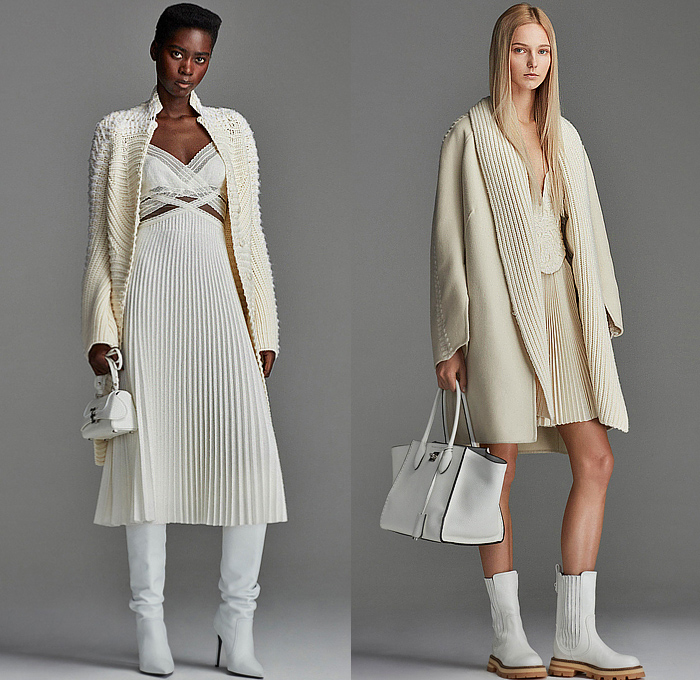 Ermanno Scervino 2023 Pre-Fall Autumn Womens Lookbook - Turtleneck Knit Weave Fair Isle Cardigan Sweater Cutout Waist Accordion Pleats Dress Gown Fur Shearling Suede Outerwear Coat Quilted Puffer Parka Wide Lapel Lace Cutwork Mesh Embroidery Decorative Art Tabard Sweaterdress Hoodie Crop Top Midriff Shorts Sheer Blouse Blazer Jacket Pantsuit Wide Leg Palazzo Pants Stripes Pinstripe Strapless Bedazzled Studs Crystals Grunge Heart Bag Tote Boots