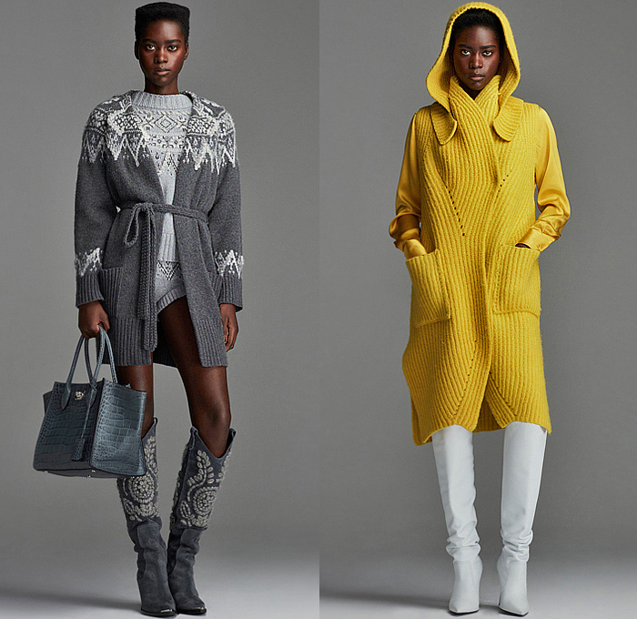 Ermanno Scervino 2023 Pre-Fall Autumn Womens Lookbook - Turtleneck Knit Weave Fair Isle Cardigan Sweater Cutout Waist Accordion Pleats Dress Gown Fur Shearling Suede Outerwear Coat Quilted Puffer Parka Wide Lapel Lace Cutwork Mesh Embroidery Decorative Art Tabard Sweaterdress Hoodie Crop Top Midriff Shorts Sheer Blouse Blazer Jacket Pantsuit Wide Leg Palazzo Pants Stripes Pinstripe Strapless Bedazzled Studs Crystals Grunge Heart Bag Tote Boots
