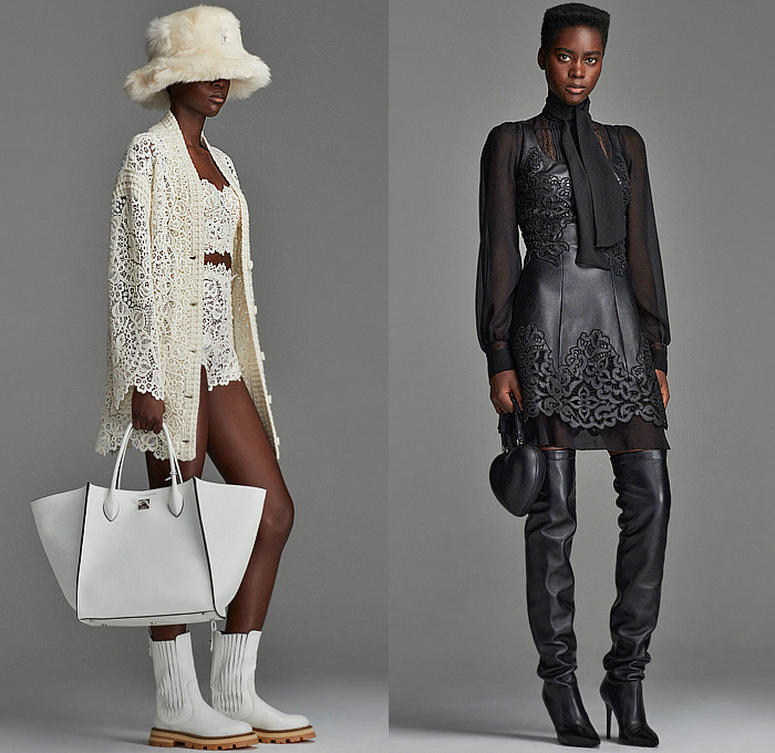 Ermanno Scervino 2023 Pre-Fall Autumn Womens Lookbook - Turtleneck Knit Weave Fair Isle Cardigan Sweater Cutout Waist Accordion Pleats Dress Gown Fur Shearling Suede Outerwear Coat Quilted Puffer Parka Wide Lapel Lace Cutwork Mesh Embroidery Decorative Art Tabard Sweaterdress Hoodie Crop Top Midriff Shorts Sheer Blouse Blazer Jacket Pantsuit Wide Leg Palazzo Pants Stripes Pinstripe Strapless Bedazzled Studs Crystals Grunge Heart Bag Tote Boots