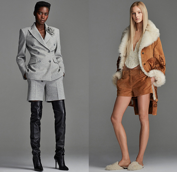 Ermanno Scervino 2023 Pre-Fall Autumn Womens Lookbook - Turtleneck Knit Weave Fair Isle Cardigan Sweater Cutout Waist Accordion Pleats Dress Gown Fur Shearling Suede Outerwear Coat Quilted Puffer Parka Wide Lapel Lace Cutwork Mesh Embroidery Decorative Art Tabard Sweaterdress Hoodie Crop Top Midriff Shorts Sheer Blouse Blazer Jacket Pantsuit Wide Leg Palazzo Pants Stripes Pinstripe Strapless Bedazzled Studs Crystals Grunge Heart Bag Tote Boots