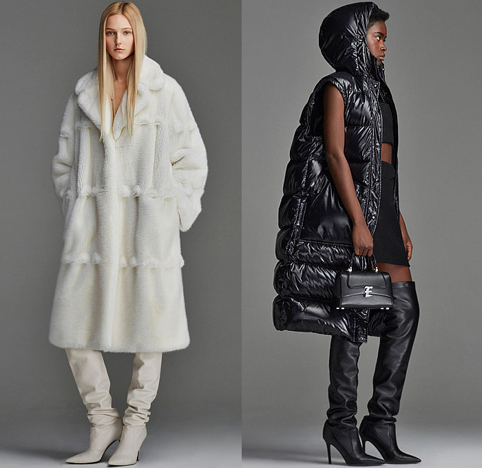 Ermanno Scervino 2023 Pre-Fall Autumn Womens Lookbook - Turtleneck Knit Weave Fair Isle Cardigan Sweater Cutout Waist Accordion Pleats Dress Gown Fur Shearling Suede Outerwear Coat Quilted Puffer Parka Wide Lapel Lace Cutwork Mesh Embroidery Decorative Art Tabard Sweaterdress Hoodie Crop Top Midriff Shorts Sheer Blouse Blazer Jacket Pantsuit Wide Leg Palazzo Pants Stripes Pinstripe Strapless Bedazzled Studs Crystals Grunge Heart Bag Tote Boots