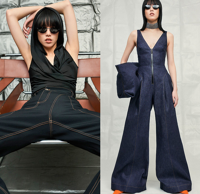 Et Ochs by Michelle Ochs 2023-2024 Fall Autumn Winter Womens Lookbook Presentation - New York Fashion Week NYFW American Collections - Denim Jeans Slanted Hem Onesie Jumpsuit Coveralls Zipper Wide Leg Strapless Open Shoulders Blouse Bustier Asymmetrical Patchwork Knit Ribbed Body Contour Pockets Pouch Halterneck Parachute Pants Hood Wool Blazer Cutout Slashed Hole Silk Satin One Shoulder Dress Hook Carabiner Tote Handbag Boots