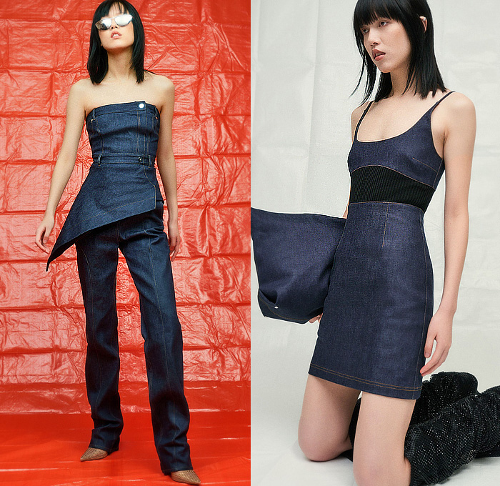 Et Ochs by Michelle Ochs 2023-2024 Fall Autumn Winter Womens Lookbook Presentation - New York Fashion Week NYFW American Collections - Denim Jeans Slanted Hem Onesie Jumpsuit Coveralls Zipper Wide Leg Strapless Open Shoulders Blouse Bustier Asymmetrical Patchwork Knit Ribbed Body Contour Pockets Pouch Halterneck Parachute Pants Hood Wool Blazer Cutout Slashed Hole Silk Satin One Shoulder Dress Hook Carabiner Tote Handbag Boots