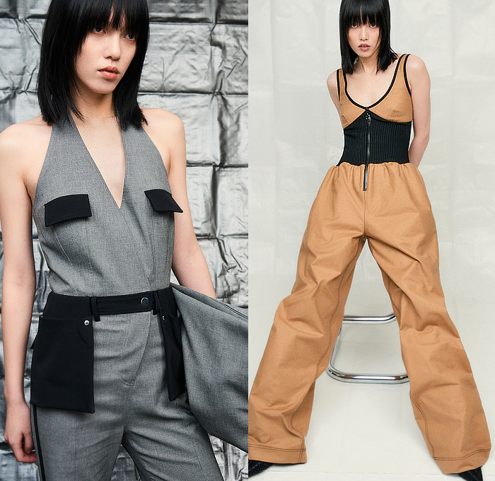 Et Ochs by Michelle Ochs 2023-2024 Fall Autumn Winter Womens Lookbook Presentation - New York Fashion Week NYFW American Collections - Denim Jeans Slanted Hem Onesie Jumpsuit Coveralls Zipper Wide Leg Strapless Open Shoulders Blouse Bustier Asymmetrical Patchwork Knit Ribbed Body Contour Pockets Pouch Halterneck Parachute Pants Hood Wool Blazer Cutout Slashed Hole Silk Satin One Shoulder Dress Hook Carabiner Tote Handbag Boots