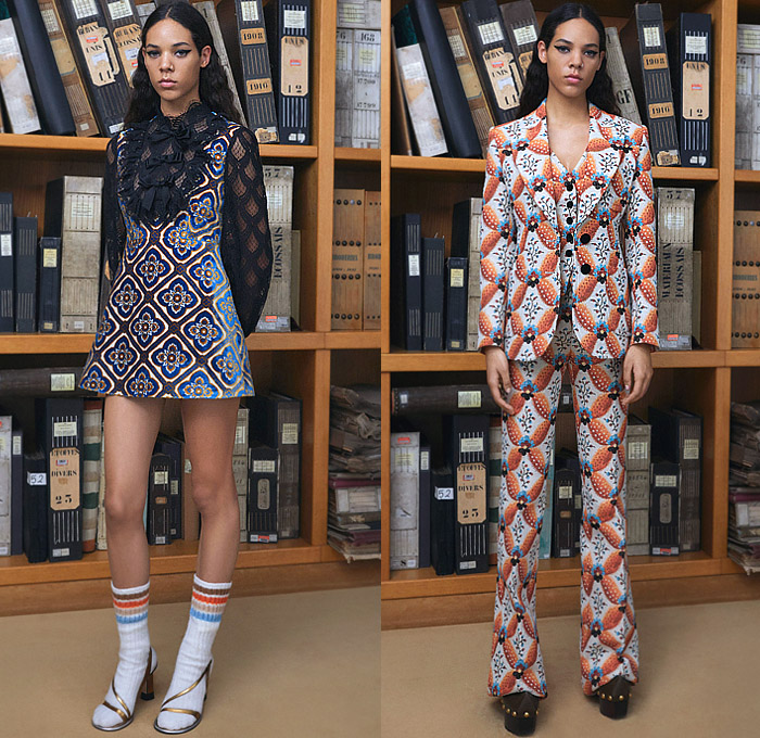 Etro 2023 Pre-Fall Autumn Womens Lookbook - Babydoll Dress Ruffles Tiered Flowers Floral Branches Embroidery Decorative Art Ornaments Stripes Bell Sleeves Denim Jeans Patchwork Shirtdress Onesie Sweaterdress Knit Check Plaid Blazer Jacket Sheer Tulle Mesh Lattice Ribbons Bows Pantsuit Wide Leg Flare Miniskirt Noodle Strap Poufy Puff Ball Geometric Diamond-Shape Fur Coat Bomber Jacket Gown Velvet Shorts Stockings Tights Shorts Culottes Athletic Socks Handbag Bucket Hat Boots Heels