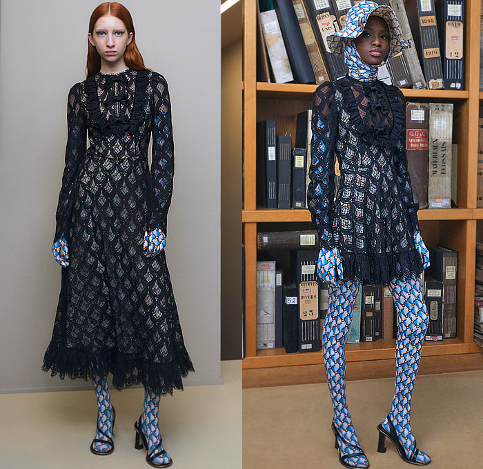 Etro 2023 Pre-Fall Autumn Womens Lookbook - Babydoll Dress Ruffles Tiered Flowers Floral Branches Embroidery Decorative Art Ornaments Stripes Bell Sleeves Denim Jeans Patchwork Shirtdress Onesie Sweaterdress Knit Check Plaid Blazer Jacket Sheer Tulle Mesh Lattice Ribbons Bows Pantsuit Wide Leg Flare Miniskirt Noodle Strap Poufy Puff Ball Geometric Diamond-Shape Fur Coat Bomber Jacket Gown Velvet Shorts Stockings Tights Shorts Culottes Athletic Socks Handbag Bucket Hat Boots Heels