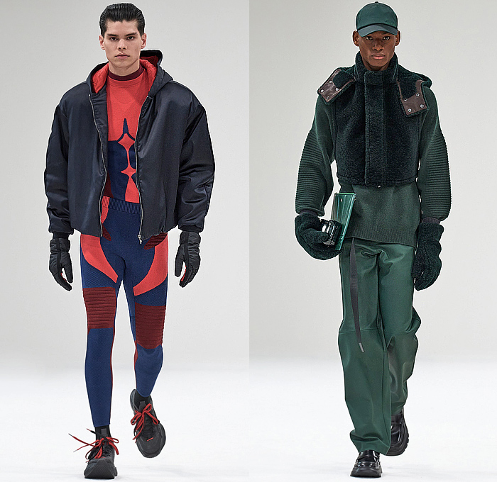 Ferrari 2023-2024 Fall Autumn Winter Mens Runway Looks - Milano Moda Donna Collezione Milan Fashion Week Italy - Outerwear Coat Parka Hood Gloves Trackwear Leggings Tights Ribbed Leg Panels Knit Fleece Fur Vest Turtleneck Sweater Oversized Cargo Utility Pockets Colorblock Flap Pants Quilted Puffer Zipper Onesie Jumpsuit Coveralls Denim Jeans Destroyed Destructed Peeled Off Logo Fringes Threads Frayed Suit Blazer Trainers Loafers Cap 