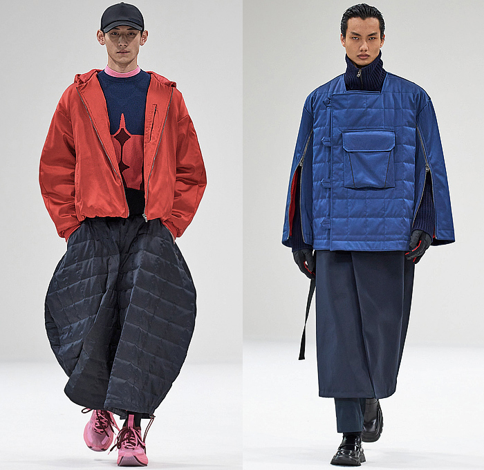 Ferrari 2023-2024 Fall Autumn Winter Mens Runway Looks - Milano Moda Donna Collezione Milan Fashion Week Italy - Outerwear Coat Parka Hood Gloves Trackwear Leggings Tights Ribbed Leg Panels Knit Fleece Fur Vest Turtleneck Sweater Oversized Cargo Utility Pockets Colorblock Flap Pants Quilted Puffer Zipper Onesie Jumpsuit Coveralls Denim Jeans Destroyed Destructed Peeled Off Logo Fringes Threads Frayed Suit Blazer Trainers Loafers Cap 