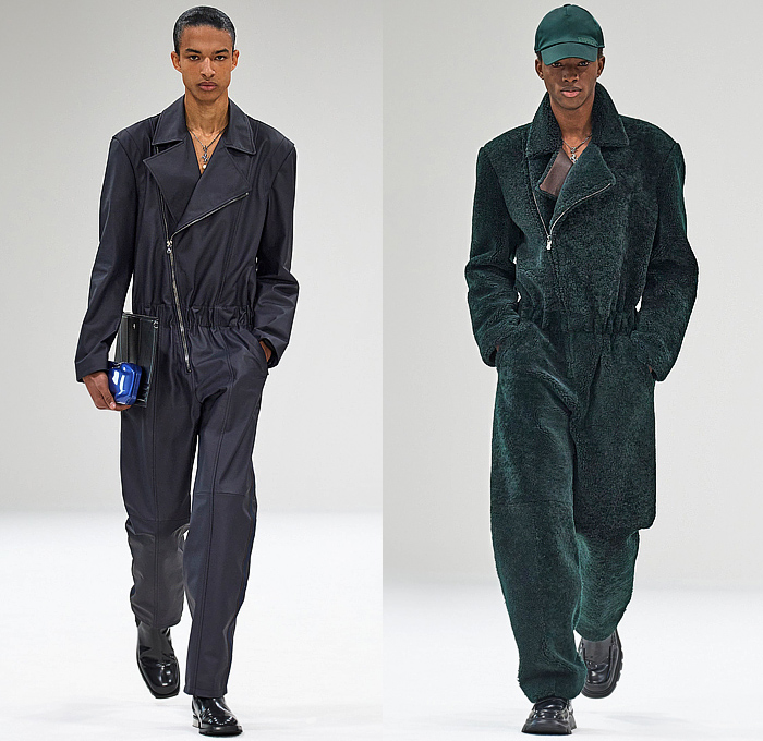 Ferrari 2023-2024 Fall Autumn Winter Mens Runway Looks - Milano Moda Donna Collezione Milan Fashion Week Italy - Outerwear Coat Parka Hood Gloves Trackwear Leggings Tights Ribbed Leg Panels Knit Fleece Fur Vest Turtleneck Sweater Oversized Cargo Utility Pockets Colorblock Flap Pants Quilted Puffer Zipper Onesie Jumpsuit Coveralls Denim Jeans Destroyed Destructed Peeled Off Logo Fringes Threads Frayed Suit Blazer Trainers Loafers Cap 