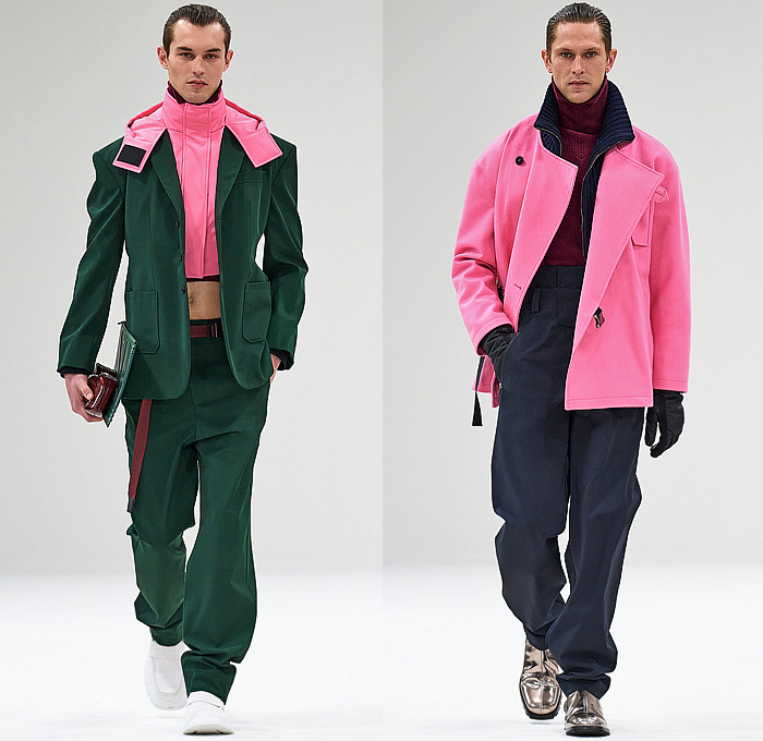 Ferrari 2023-2024 Fall Autumn Winter Mens Runway Looks - Milano Moda Donna Collezione Milan Fashion Week Italy - Outerwear Coat Parka Hood Gloves Trackwear Leggings Tights Ribbed Leg Panels Knit Fleece Fur Vest Turtleneck Sweater Oversized Cargo Utility Pockets Colorblock Flap Pants Quilted Puffer Zipper Onesie Jumpsuit Coveralls Denim Jeans Destroyed Destructed Peeled Off Logo Fringes Threads Frayed Suit Blazer Trainers Loafers Cap 