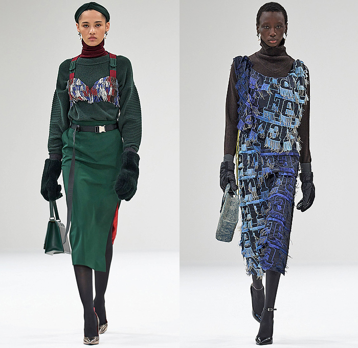Ferrari 2023-2024 Fall Autumn Winter Womens Runway Looks - Milano Moda Donna Collezione Milan Fashion Week Italy - Knit Ribbed Turtleneck Sweaterdress Vest Blouse Pink Puff Sleeves Gloves Frayed Fringes Logo Crystals Onesie Jumpsuit Coveralls Robe Coat Parka Jacket Denim Jeans Trackwear Colorblock Crop Top Midriff Cargo Pockets Quilted Puffer Flap Pants Straps Pencil Skirt Tights Stockings Handbag Trainers Gladiators 