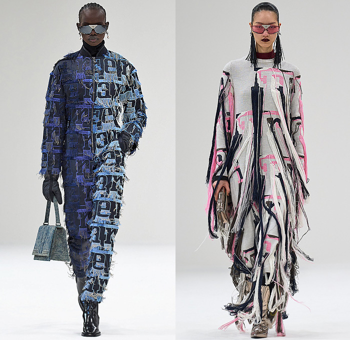 Ferrari 2023-2024 Fall Autumn Winter Womens Runway Looks - Milano Moda Donna Collezione Milan Fashion Week Italy - Knit Ribbed Turtleneck Sweaterdress Vest Blouse Pink Puff Sleeves Gloves Frayed Fringes Logo Crystals Onesie Jumpsuit Coveralls Robe Coat Parka Jacket Denim Jeans Trackwear Colorblock Crop Top Midriff Cargo Pockets Quilted Puffer Flap Pants Straps Pencil Skirt Tights Stockings Handbag Trainers Gladiators 