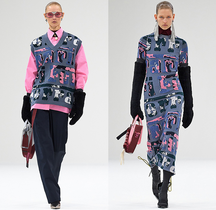 Ferrari 2023-2024 Fall Autumn Winter Womens Runway Looks - Milano Moda Donna Collezione Milan Fashion Week Italy - Knit Ribbed Turtleneck Sweaterdress Vest Blouse Pink Puff Sleeves Gloves Frayed Fringes Logo Crystals Onesie Jumpsuit Coveralls Robe Coat Parka Jacket Denim Jeans Trackwear Colorblock Crop Top Midriff Cargo Pockets Quilted Puffer Flap Pants Straps Pencil Skirt Tights Stockings Handbag Trainers Gladiators 