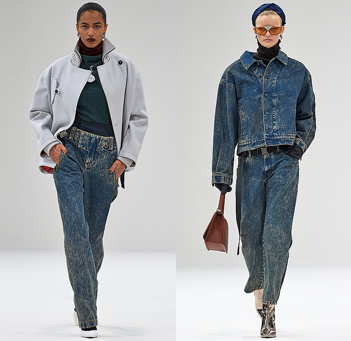 Ferrari 2023-2024 Fall Autumn Winter Womens Runway Looks - Milano Moda Donna Collezione Milan Fashion Week Italy - Knit Ribbed Turtleneck Sweaterdress Vest Blouse Pink Puff Sleeves Gloves Frayed Fringes Logo Crystals Onesie Jumpsuit Coveralls Robe Coat Parka Jacket Denim Jeans Trackwear Colorblock Crop Top Midriff Cargo Pockets Quilted Puffer Flap Pants Straps Pencil Skirt Tights Stockings Handbag Trainers Gladiators 