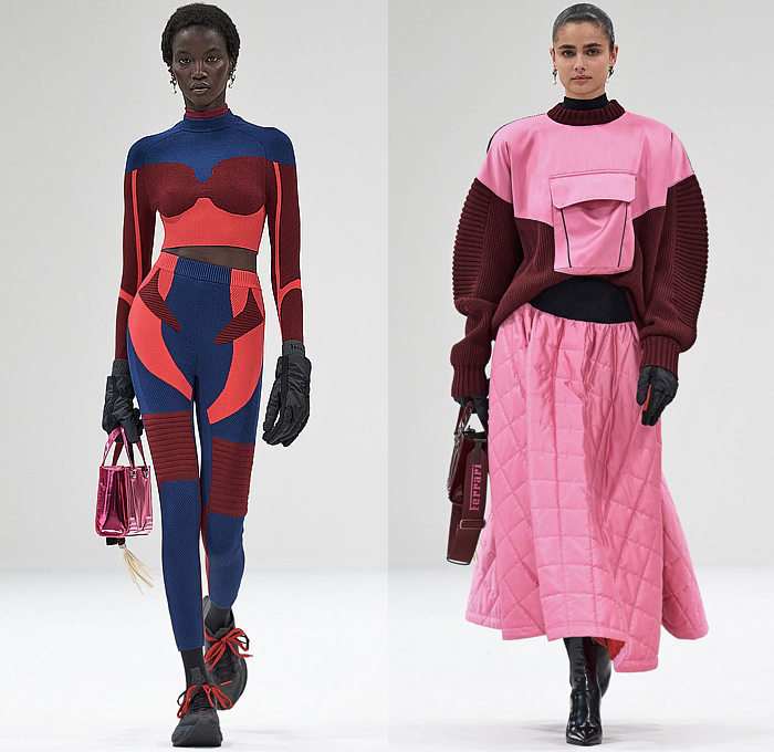 Ferrari 2023-2024 Fall Autumn Winter Womens Runway Looks - Milano Moda Donna Collezione Milan Fashion Week Italy - Knit Ribbed Turtleneck Sweaterdress Vest Blouse Pink Puff Sleeves Gloves Frayed Fringes Logo Crystals Onesie Jumpsuit Coveralls Robe Coat Parka Jacket Denim Jeans Trackwear Colorblock Crop Top Midriff Cargo Pockets Quilted Puffer Flap Pants Straps Pencil Skirt Tights Stockings Handbag Trainers Gladiators 