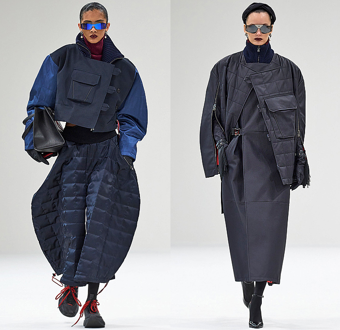 Ferrari 2023-2024 Fall Autumn Winter Womens Runway Looks - Milano Moda Donna Collezione Milan Fashion Week Italy - Knit Ribbed Turtleneck Sweaterdress Vest Blouse Pink Puff Sleeves Gloves Frayed Fringes Logo Crystals Onesie Jumpsuit Coveralls Robe Coat Parka Jacket Denim Jeans Trackwear Colorblock Crop Top Midriff Cargo Pockets Quilted Puffer Flap Pants Straps Pencil Skirt Tights Stockings Handbag Trainers Gladiators 