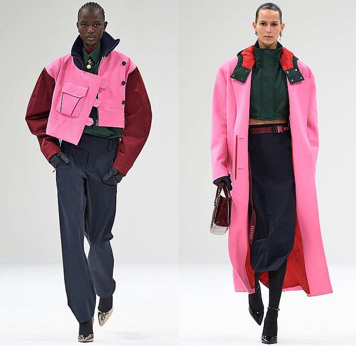 Ferrari 2023-2024 Fall Autumn Winter Womens Runway Looks - Milano Moda Donna Collezione Milan Fashion Week Italy - Knit Ribbed Turtleneck Sweaterdress Vest Blouse Pink Puff Sleeves Gloves Frayed Fringes Logo Crystals Onesie Jumpsuit Coveralls Robe Coat Parka Jacket Denim Jeans Trackwear Colorblock Crop Top Midriff Cargo Pockets Quilted Puffer Flap Pants Straps Pencil Skirt Tights Stockings Handbag Trainers Gladiators 