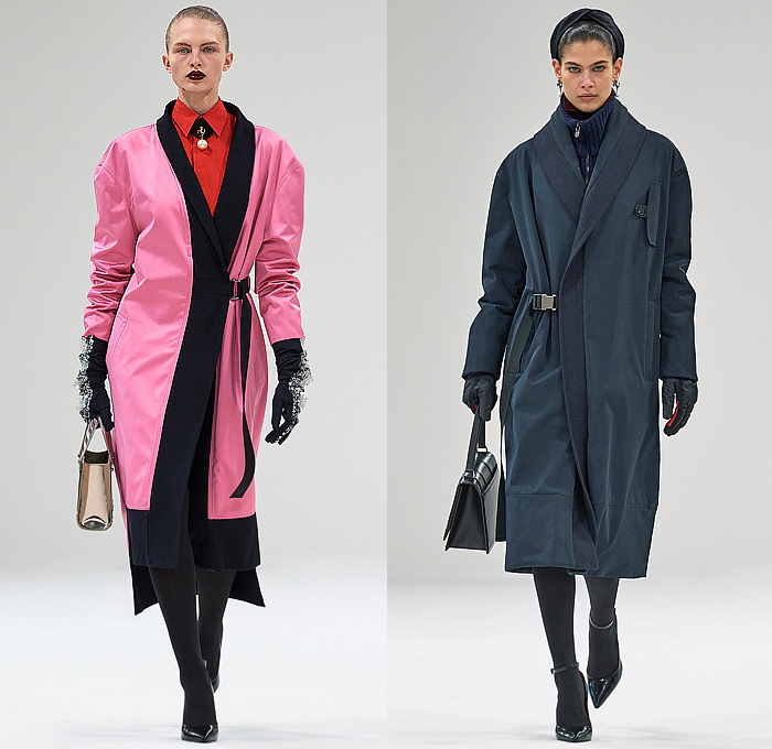 Ferrari 2023-2024 Fall Autumn Winter Womens Runway Looks - Milano Moda Donna Collezione Milan Fashion Week Italy - Knit Ribbed Turtleneck Sweaterdress Vest Blouse Pink Puff Sleeves Gloves Frayed Fringes Logo Crystals Onesie Jumpsuit Coveralls Robe Coat Parka Jacket Denim Jeans Trackwear Colorblock Crop Top Midriff Cargo Pockets Quilted Puffer Flap Pants Straps Pencil Skirt Tights Stockings Handbag Trainers Gladiators 