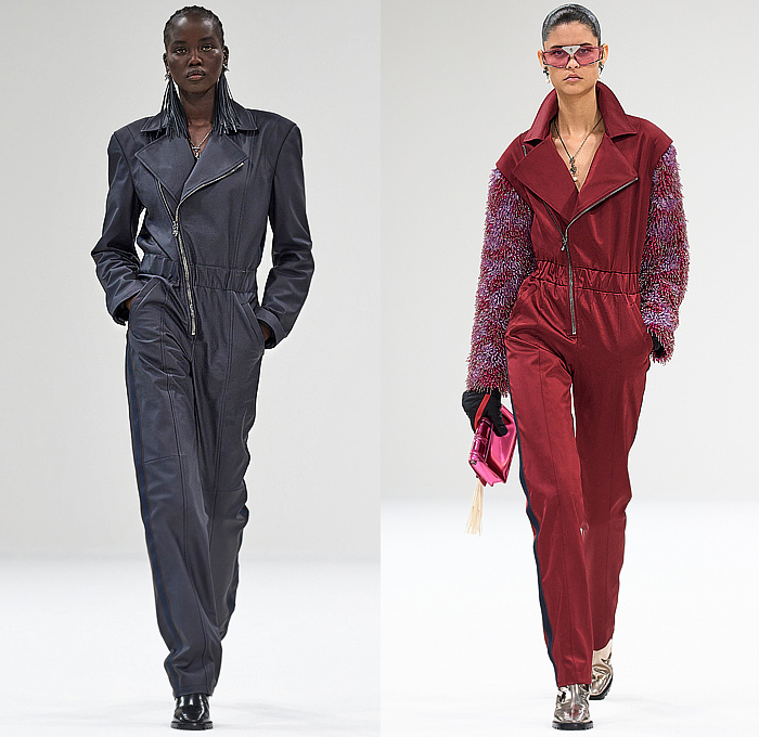 Ferrari 2023-2024 Fall Autumn Winter Womens Runway Looks - Milano Moda Donna Collezione Milan Fashion Week Italy - Knit Ribbed Turtleneck Sweaterdress Vest Blouse Pink Puff Sleeves Gloves Frayed Fringes Logo Crystals Onesie Jumpsuit Coveralls Robe Coat Parka Jacket Denim Jeans Trackwear Colorblock Crop Top Midriff Cargo Pockets Quilted Puffer Flap Pants Straps Pencil Skirt Tights Stockings Handbag Trainers Gladiators 