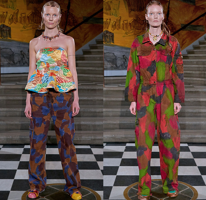 Helmstedt 2023-2024 Fall Autumn Winter Womens Collection - Copenhagen Fashion Week CPHFW Denmark - Space Alien Planets Strapless Blouse Peplum Quilted Puffer Camouflage Paintdrop Denim Jeans Onesie Jumpsuit Coveralls Colorful Pockets Coat Parka Jogger Sweatpants Loungewear Liquefy Marbled Ruffles Bell Sleeves Dress Silk Satin Plants Octopus Tentacles Oceanlife Puff Sleeves Knit Turtleneck Cardigan Sweater Pop Art A-line Noodle Strap Stripes World Map Crown Tiara Sculpture Sneakers