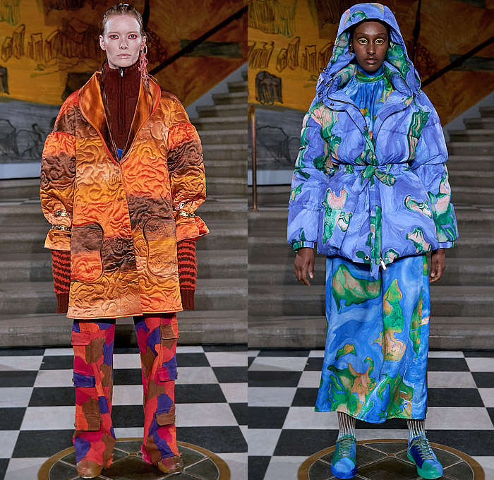 Helmstedt 2023-2024 Fall Autumn Winter Womens Collection - Copenhagen Fashion Week CPHFW Denmark - Space Alien Planets Strapless Blouse Peplum Quilted Puffer Camouflage Paintdrop Denim Jeans Onesie Jumpsuit Coveralls Colorful Pockets Coat Parka Jogger Sweatpants Loungewear Liquefy Marbled Ruffles Bell Sleeves Dress Silk Satin Plants Octopus Tentacles Oceanlife Puff Sleeves Knit Turtleneck Cardigan Sweater Pop Art A-line Noodle Strap Stripes World Map Crown Tiara Sculpture Sneakers