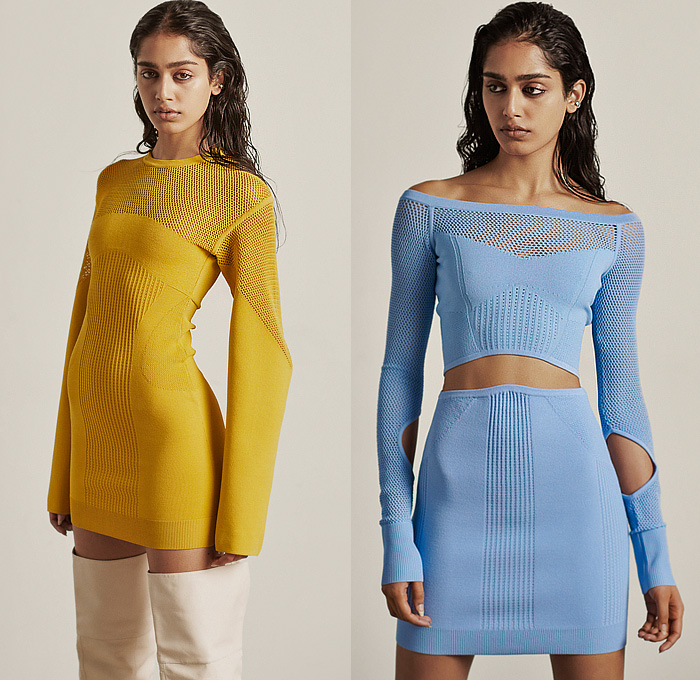 Hervé Léger 2023 Pre-Fall Autumn Womens Lookbook - Knit Mesh Sweater Jumper Sweaterdress Crop Top Midriff Cutout Holes Bodycon Body Contour Stripes Swirls Wrap Draped Turtleneck One Shoulder Bandage Dress Strapless Open Shoulders Threads Fringes Trims Cross Halterneck Miniskirt Thigh High Boots