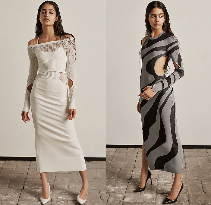 Hervé Léger 2023 Pre-Fall Autumn Womens Lookbook - Knit Mesh Sweater Jumper Sweaterdress Crop Top Midriff Cutout Holes Bodycon Body Contour Stripes Swirls Wrap Draped Turtleneck One Shoulder Bandage Dress Strapless Open Shoulders Threads Fringes Trims Cross Halterneck Miniskirt Thigh High Boots