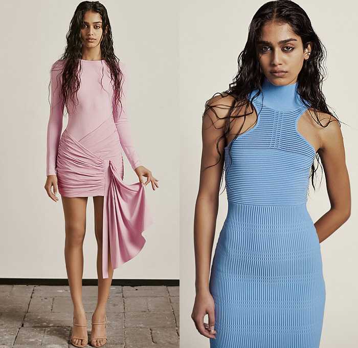 Hervé Léger 2023 Pre-Fall Autumn Womens Lookbook - Knit Mesh Sweater Jumper Sweaterdress Crop Top Midriff Cutout Holes Bodycon Body Contour Stripes Swirls Wrap Draped Turtleneck One Shoulder Bandage Dress Strapless Open Shoulders Threads Fringes Trims Cross Halterneck Miniskirt Thigh High Boots