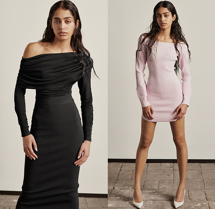 Hervé Léger 2023 Pre-Fall Autumn Womens Lookbook - Knit Mesh Sweater Jumper Sweaterdress Crop Top Midriff Cutout Holes Bodycon Body Contour Stripes Swirls Wrap Draped Turtleneck One Shoulder Bandage Dress Strapless Open Shoulders Threads Fringes Trims Cross Halterneck Miniskirt Thigh High Boots