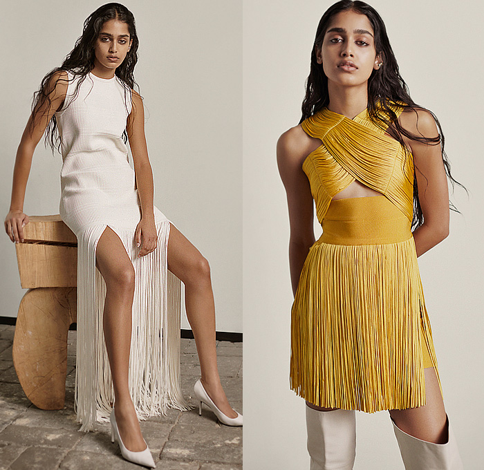 Hervé Léger 2023 Pre-Fall Autumn Womens Lookbook - Knit Mesh Sweater Jumper Sweaterdress Crop Top Midriff Cutout Holes Bodycon Body Contour Stripes Swirls Wrap Draped Turtleneck One Shoulder Bandage Dress Strapless Open Shoulders Threads Fringes Trims Cross Halterneck Miniskirt Thigh High Boots