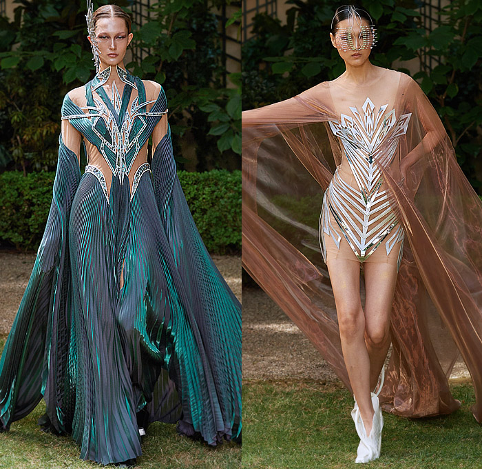 Iris van Herpen 2023-2024 Fall Autumn Womens Runway Looks - Haute Couture Avant Garde High Fashion - Architectonics Graphic Polygons Oceanix Fiberglass Rods Geodesic Bursts Aquatic Urbanism Shards Geometric Angular Sculpture Cutout Fringes Peacock Vase Sleeves One Shoulder Tiered Swirls Funnels Cones Halterneck Futuristic Medieval Sorceress Draped Halo Studs Furisode Kimono Sleeves Accordion Pleats Sheer Tulle Grill Armor Cape Dress Goddess Gown Headwear Tiara Mask