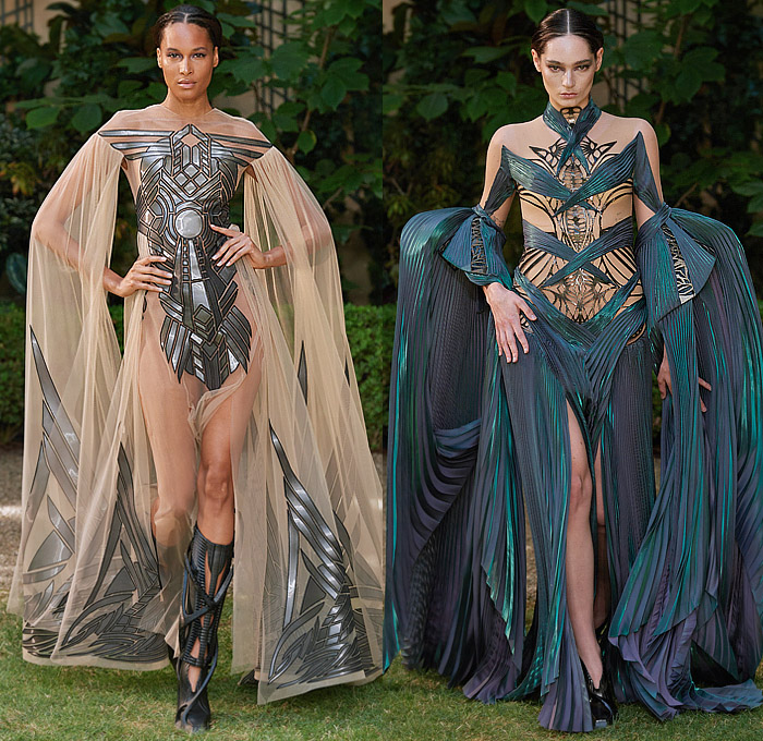 Iris van Herpen 2023-2024 Fall Autumn Womens Runway Looks - Haute Couture Avant Garde High Fashion - Architectonics Graphic Polygons Oceanix Fiberglass Rods Geodesic Bursts Aquatic Urbanism Shards Geometric Angular Sculpture Cutout Fringes Peacock Vase Sleeves One Shoulder Tiered Swirls Funnels Cones Halterneck Futuristic Medieval Sorceress Draped Halo Studs Furisode Kimono Sleeves Accordion Pleats Sheer Tulle Grill Armor Cape Dress Goddess Gown Headwear Tiara Mask