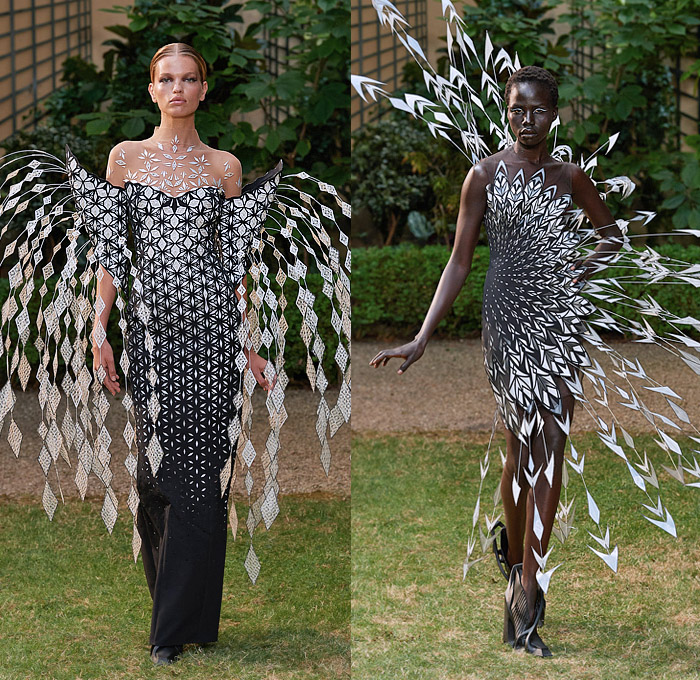 Iris van Herpen 2023-2024 Fall Autumn Womens Runway Looks - Haute Couture Avant Garde High Fashion - Architectonics Graphic Polygons Oceanix Fiberglass Rods Geodesic Bursts Aquatic Urbanism Shards Geometric Angular Sculpture Cutout Fringes Peacock Vase Sleeves One Shoulder Tiered Swirls Funnels Cones Halterneck Futuristic Medieval Sorceress Draped Halo Studs Furisode Kimono Sleeves Accordion Pleats Sheer Tulle Grill Armor Cape Dress Goddess Gown Headwear Tiara Mask