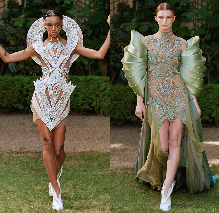 Iris van Herpen 2023-2024 Fall Autumn Womens Runway Looks - Haute Couture Avant Garde High Fashion - Architectonics Graphic Polygons Oceanix Fiberglass Rods Geodesic Bursts Aquatic Urbanism Shards Geometric Angular Sculpture Cutout Fringes Peacock Vase Sleeves One Shoulder Tiered Swirls Funnels Cones Halterneck Futuristic Medieval Sorceress Draped Halo Studs Furisode Kimono Sleeves Accordion Pleats Sheer Tulle Grill Armor Cape Dress Goddess Gown Headwear Tiara Mask