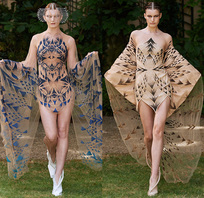 Iris van Herpen 2023-2024 Fall Autumn Womens Runway Looks - Haute Couture Avant Garde High Fashion - Architectonics Graphic Polygons Oceanix Fiberglass Rods Geodesic Bursts Aquatic Urbanism Shards Geometric Angular Sculpture Cutout Fringes Peacock Vase Sleeves One Shoulder Tiered Swirls Funnels Cones Halterneck Futuristic Medieval Sorceress Draped Halo Studs Furisode Kimono Sleeves Accordion Pleats Sheer Tulle Grill Armor Cape Dress Goddess Gown Headwear Tiara Mask