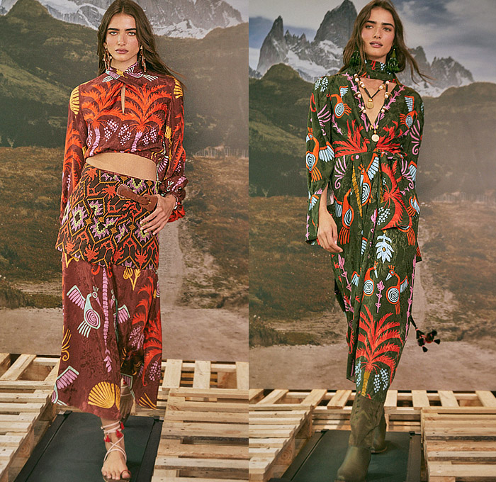 Johanna Ortiz 2023 Pre-Fall Autumn Womens Lookbook - Andina Andes Mountains South America Tropical Landscape Palm Trees Coconuts Sunset Inca Tribal Ornaments Decorative Art Birds Pixelated Halterneck Dress Crop Top Midriff Noodle Strap Fringes Pencil Skirt Weave Knit Cardigan Cutout Waist Twist Trench Coat One Shoulder Beads Swirls Geometric Stripes Tassels Shirtdress Wide Belt Handbag Gladiators Sandals Boots