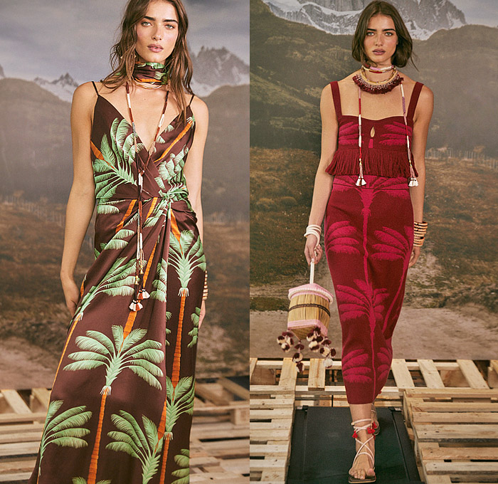 Johanna Ortiz 2023 Pre-Fall Autumn Womens Lookbook - Andina Andes Mountains South America Tropical Landscape Palm Trees Coconuts Sunset Inca Tribal Ornaments Decorative Art Birds Pixelated Halterneck Dress Crop Top Midriff Noodle Strap Fringes Pencil Skirt Weave Knit Cardigan Cutout Waist Twist Trench Coat One Shoulder Beads Swirls Geometric Stripes Tassels Shirtdress Wide Belt Handbag Gladiators Sandals Boots