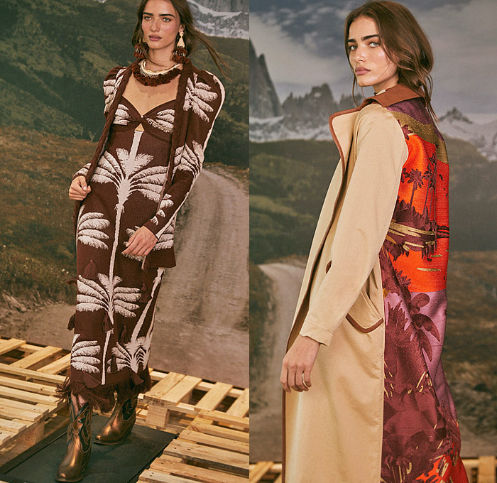 Johanna Ortiz 2023 Pre-Fall Autumn Womens Lookbook - Andina Andes Mountains South America Tropical Landscape Palm Trees Coconuts Sunset Inca Tribal Ornaments Decorative Art Birds Pixelated Halterneck Dress Crop Top Midriff Noodle Strap Fringes Pencil Skirt Weave Knit Cardigan Cutout Waist Twist Trench Coat One Shoulder Beads Swirls Geometric Stripes Tassels Shirtdress Wide Belt Handbag Gladiators Sandals Boots