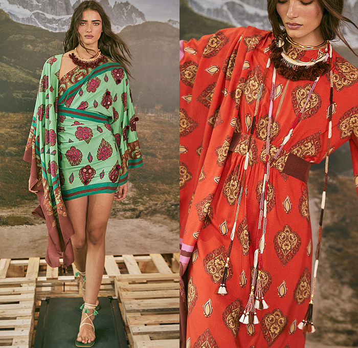 Johanna Ortiz 2023 Pre-Fall Autumn Womens Lookbook - Andina Andes Mountains South America Tropical Landscape Palm Trees Coconuts Sunset Inca Tribal Ornaments Decorative Art Birds Pixelated Halterneck Dress Crop Top Midriff Noodle Strap Fringes Pencil Skirt Weave Knit Cardigan Cutout Waist Twist Trench Coat One Shoulder Beads Swirls Geometric Stripes Tassels Shirtdress Wide Belt Handbag Gladiators Sandals Boots