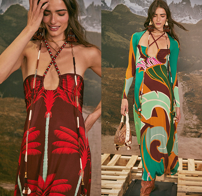 Johanna Ortiz 2023 Pre-Fall Autumn Womens Lookbook - Andina Andes Mountains South America Tropical Landscape Palm Trees Coconuts Sunset Inca Tribal Ornaments Decorative Art Birds Pixelated Halterneck Dress Crop Top Midriff Noodle Strap Fringes Pencil Skirt Weave Knit Cardigan Cutout Waist Twist Trench Coat One Shoulder Beads Swirls Geometric Stripes Tassels Shirtdress Wide Belt Handbag Gladiators Sandals Boots